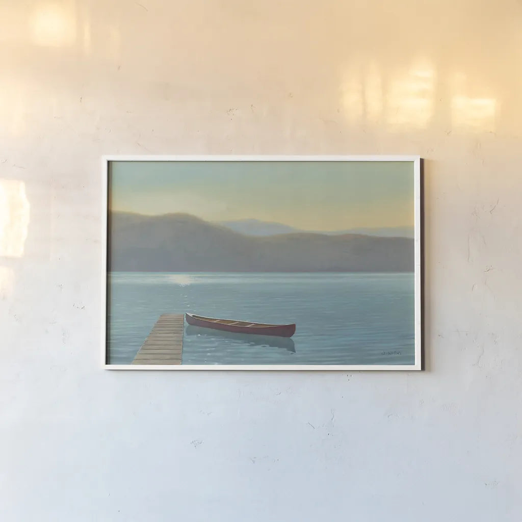 Zen Canoe II by James Wiens. shown as a paper print in a white frame. Available as a archival giclee rolled canvas, fine art paper, or poster print. SKU 18508i.