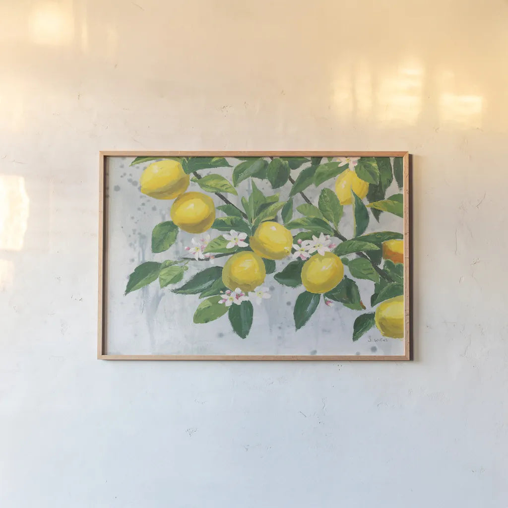 Zesty Lemons by James Wiens. shown as a paper print in a natural frame. Available as a archival giclee rolled canvas, fine art paper, or poster print. SKU 70064i.