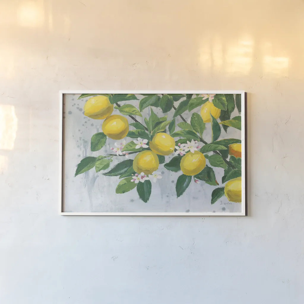 Zesty Lemons by James Wiens. shown as a paper print in a white frame. Available as a archival giclee rolled canvas, fine art paper, or poster print. SKU 70064i.