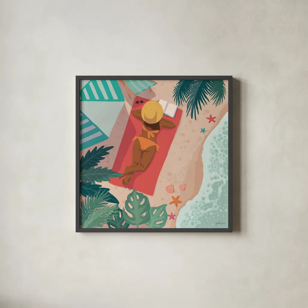 Beach Babes I by Janelle Penner. Shown in a sleek black glass frame for a contemporary gallery look. Available as an archival giclee rolled canvas, fine art paper, or poster print. SKU 67175a.