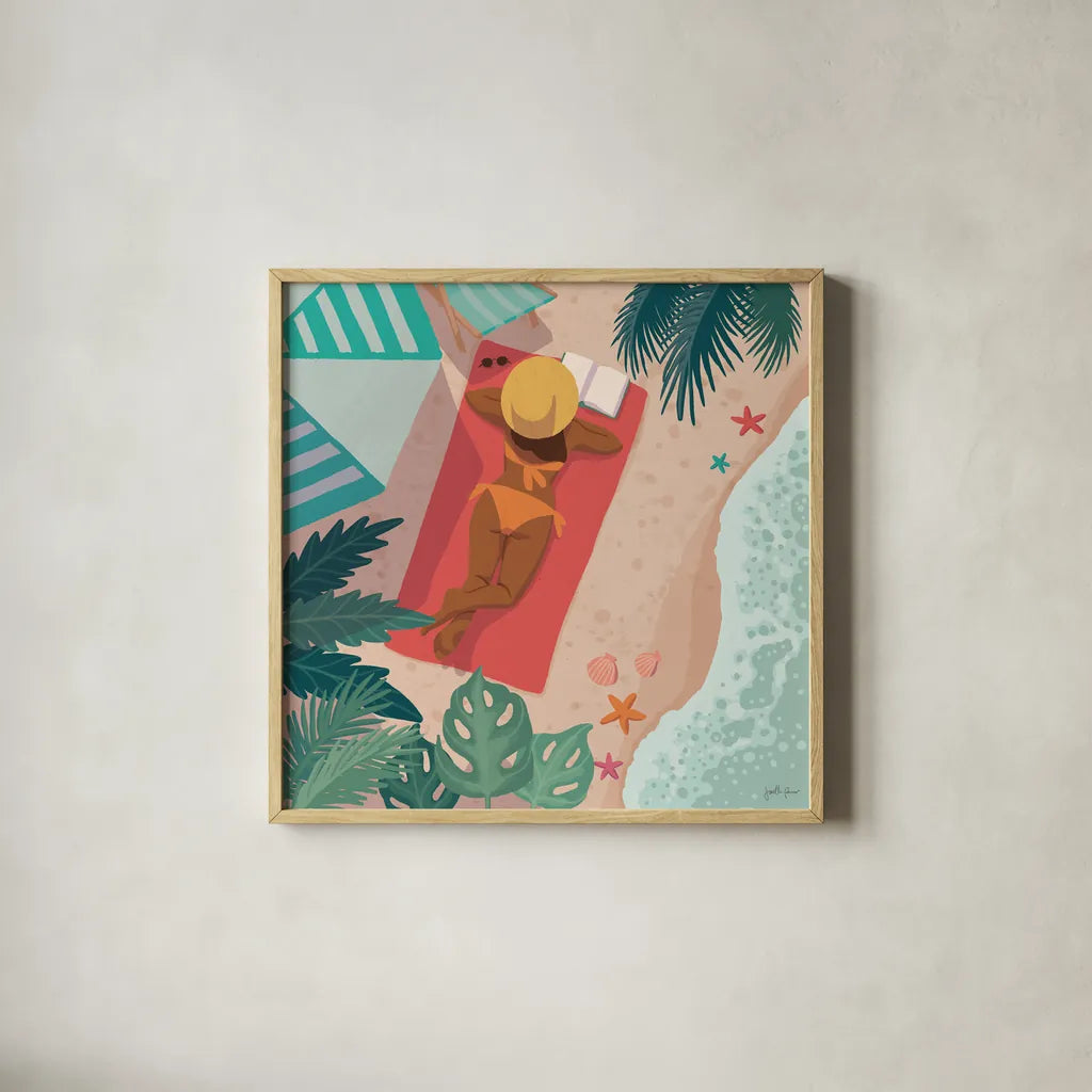 Beach Babes I by Janelle Penner. Shown in a natural wood glass frame for a timeless modern aesthetic. Available as an archival giclee rolled canvas, fine art paper, or poster print. SKU 67175a.