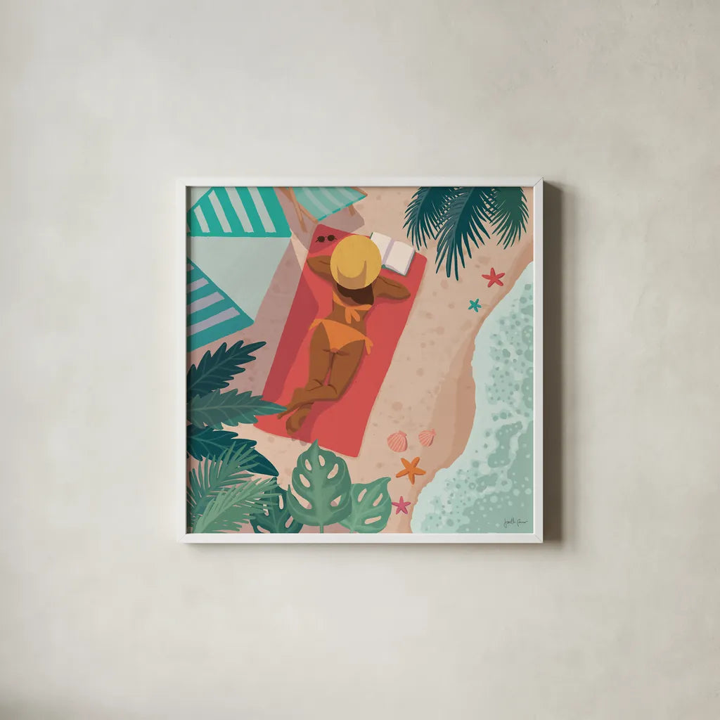 Beach Babes I by Janelle Penner. Shown in a crisp white glass frame for a clean and minimalist style. Available as an archival giclee rolled canvas, fine art paper, or poster print. SKU 67175a.