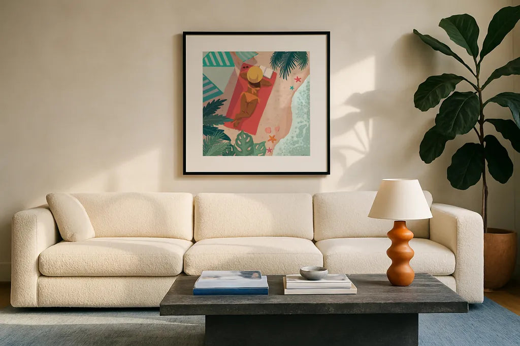 Beach Babes I by Janelle Penner. Displayed in a glass frame with matte in a clean modern living room. Available as an archival giclee rolled canvas, fine art paper, or poster print. SKU 67175a.