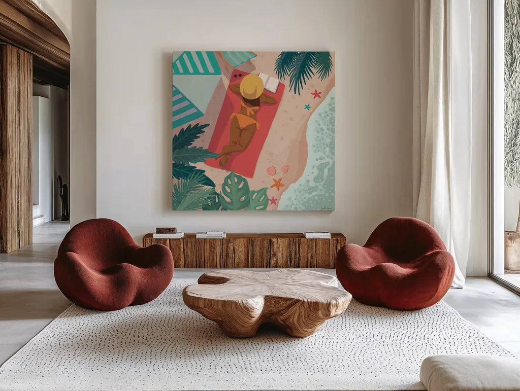 Beach Babes I by Janelle Penner. Shown as extra-large giant wall art in a modern living room. Available as an archival giclee rolled canvas, fine art paper, or poster print. SKU 67175a.