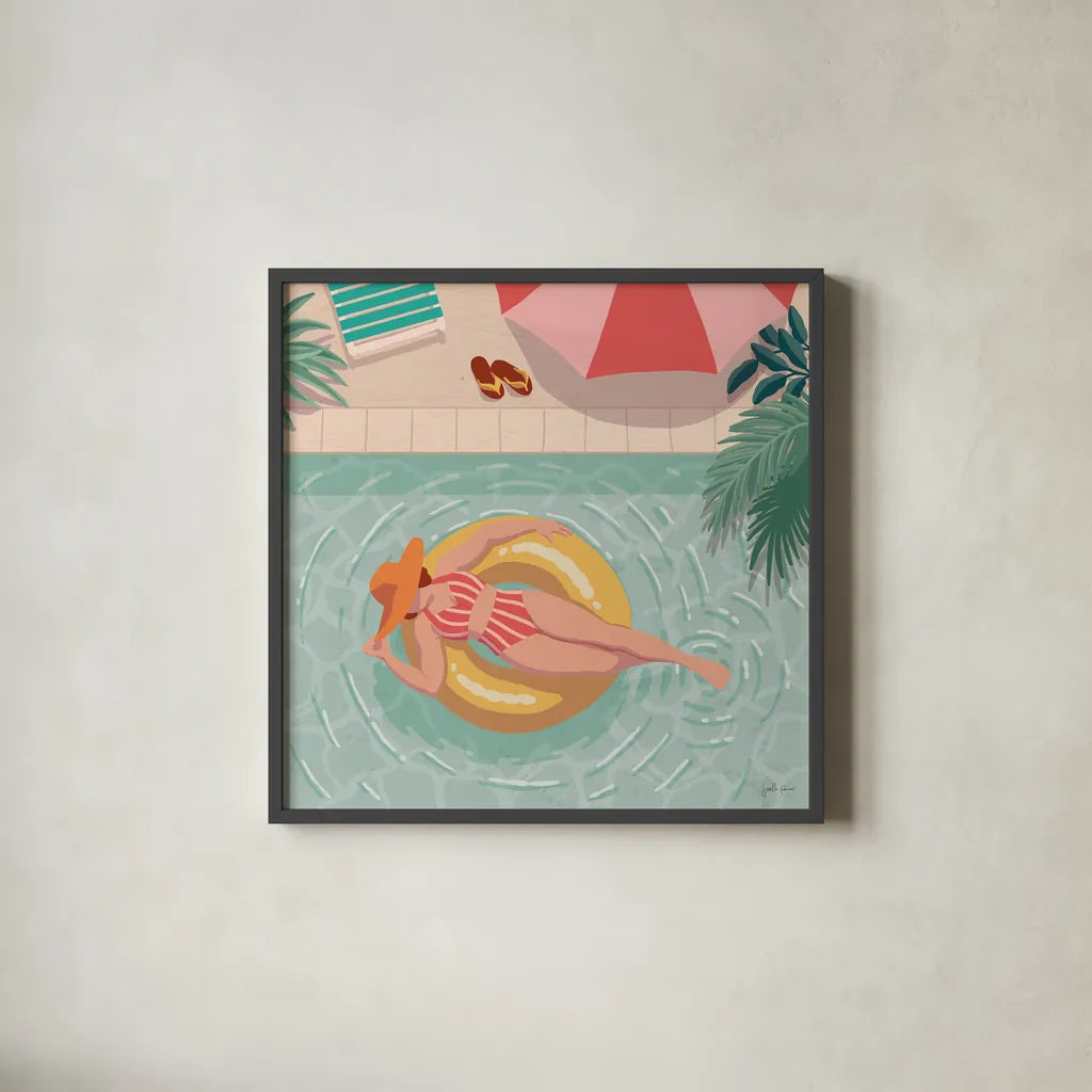 Beach Babes II by Janelle Penner. Shown in a sleek black glass frame for a contemporary gallery look. Available as an archival giclee rolled canvas, fine art paper, or poster print. SKU 67176a.