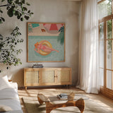 Beach Babes II by Janelle Penner. Shown in a natural wood frame in a cozy modern living room. Available as an archival giclee rolled canvas, fine art paper, or poster print. SKU 67176a.