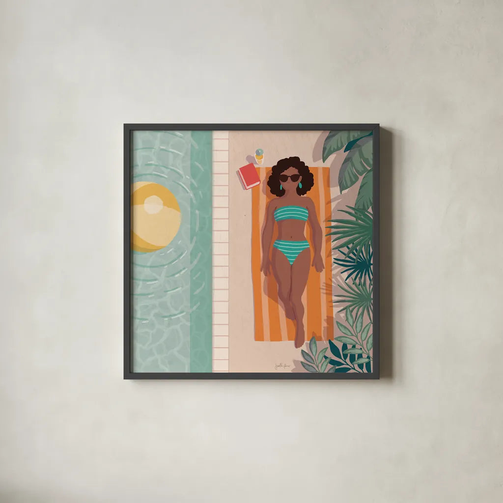 Beach Babes III by Janelle Penner. Shown in a sleek black glass frame for a contemporary gallery look. Available as an archival giclee rolled canvas, fine art paper, or poster print. SKU 67177a.