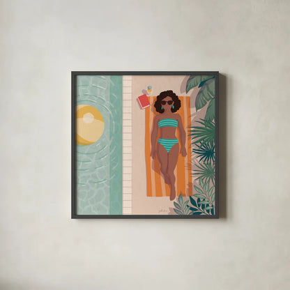 Beach Babes III by Janelle Penner. Shown in a sleek black glass frame for a contemporary gallery look. Available as an archival giclee rolled canvas, fine art paper, or poster print. SKU 67177a.