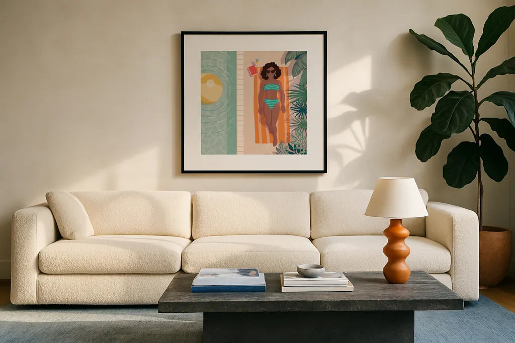Beach Babes III by Janelle Penner. Displayed in a glass frame with matte in a clean modern living room. Available as an archival giclee rolled canvas, fine art paper, or poster print. SKU 67177a.