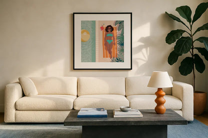 Beach Babes III by Janelle Penner. Displayed in a glass frame with matte in a clean modern living room. Available as an archival giclee rolled canvas, fine art paper, or poster print. SKU 67177a.