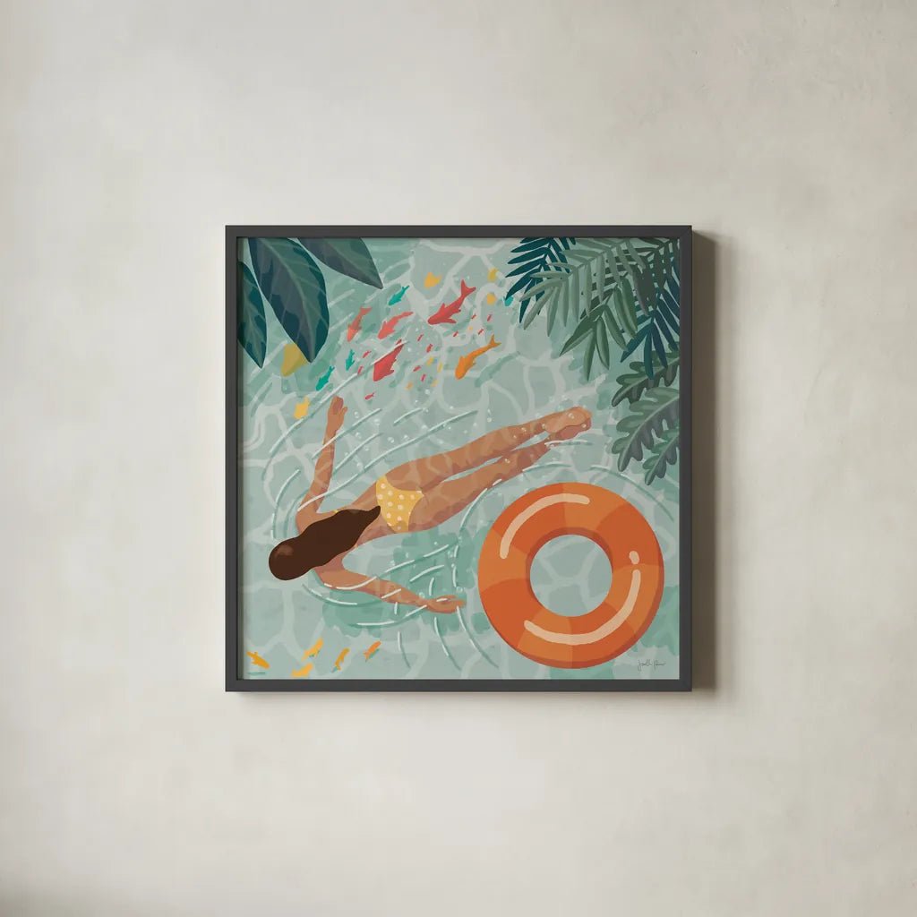 Beach Babes IV by Janelle Penner. Shown in a sleek black glass frame for a contemporary gallery look. Available as an archival giclee rolled canvas, fine art paper, or poster print. SKU 67178a.