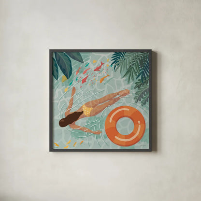 Beach Babes IV by Janelle Penner. Shown in a sleek black glass frame for a contemporary gallery look. Available as an archival giclee rolled canvas, fine art paper, or poster print. SKU 67178a.