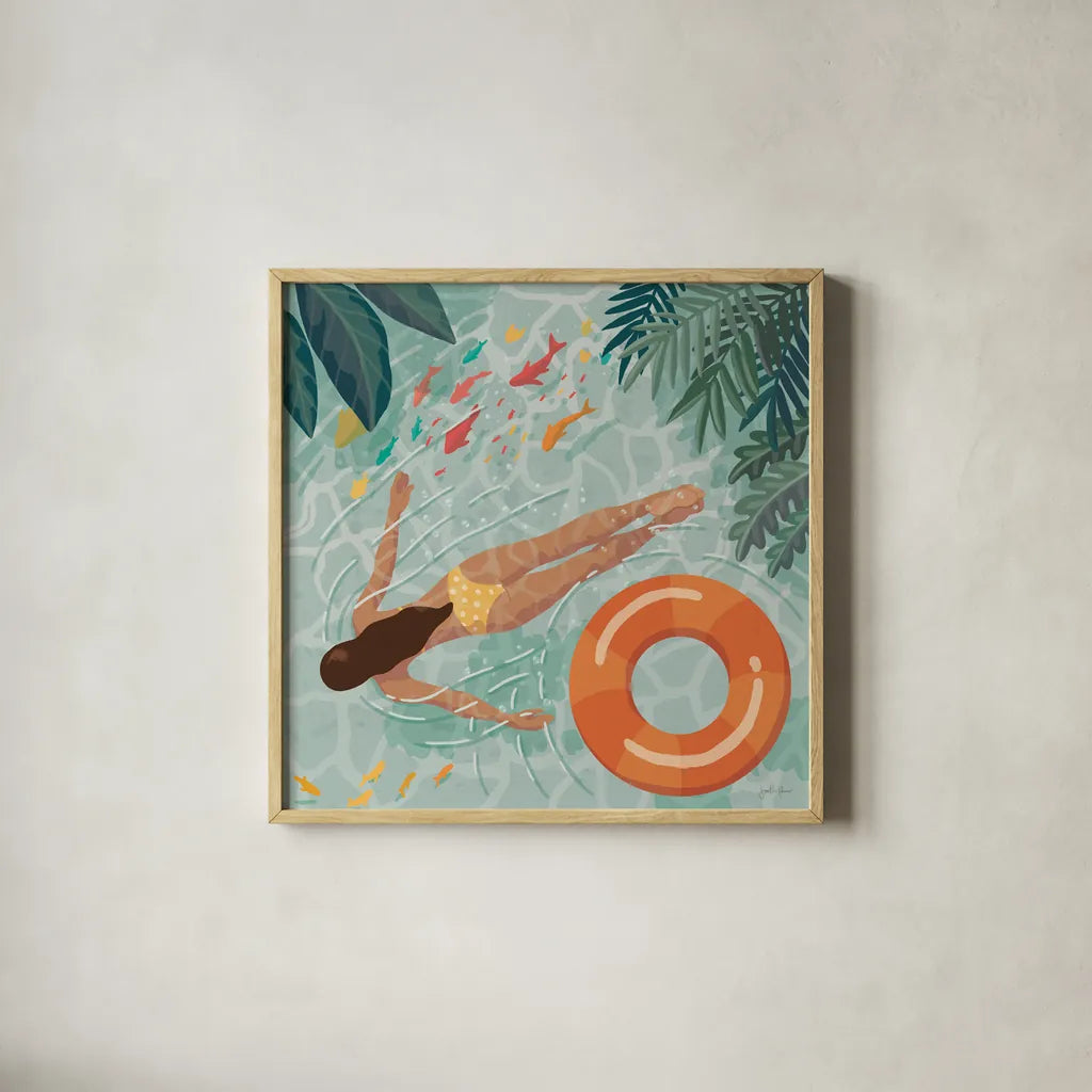 Beach Babes IV by Janelle Penner. Shown in a natural wood glass frame for a timeless modern aesthetic. Available as an archival giclee rolled canvas, fine art paper, or poster print. SKU 67178a.