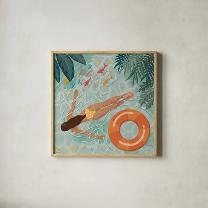 Beach Babes IV by Janelle Penner. Shown in a natural wood glass frame for a timeless modern aesthetic. Available as an archival giclee rolled canvas, fine art paper, or poster print. SKU 67178a.