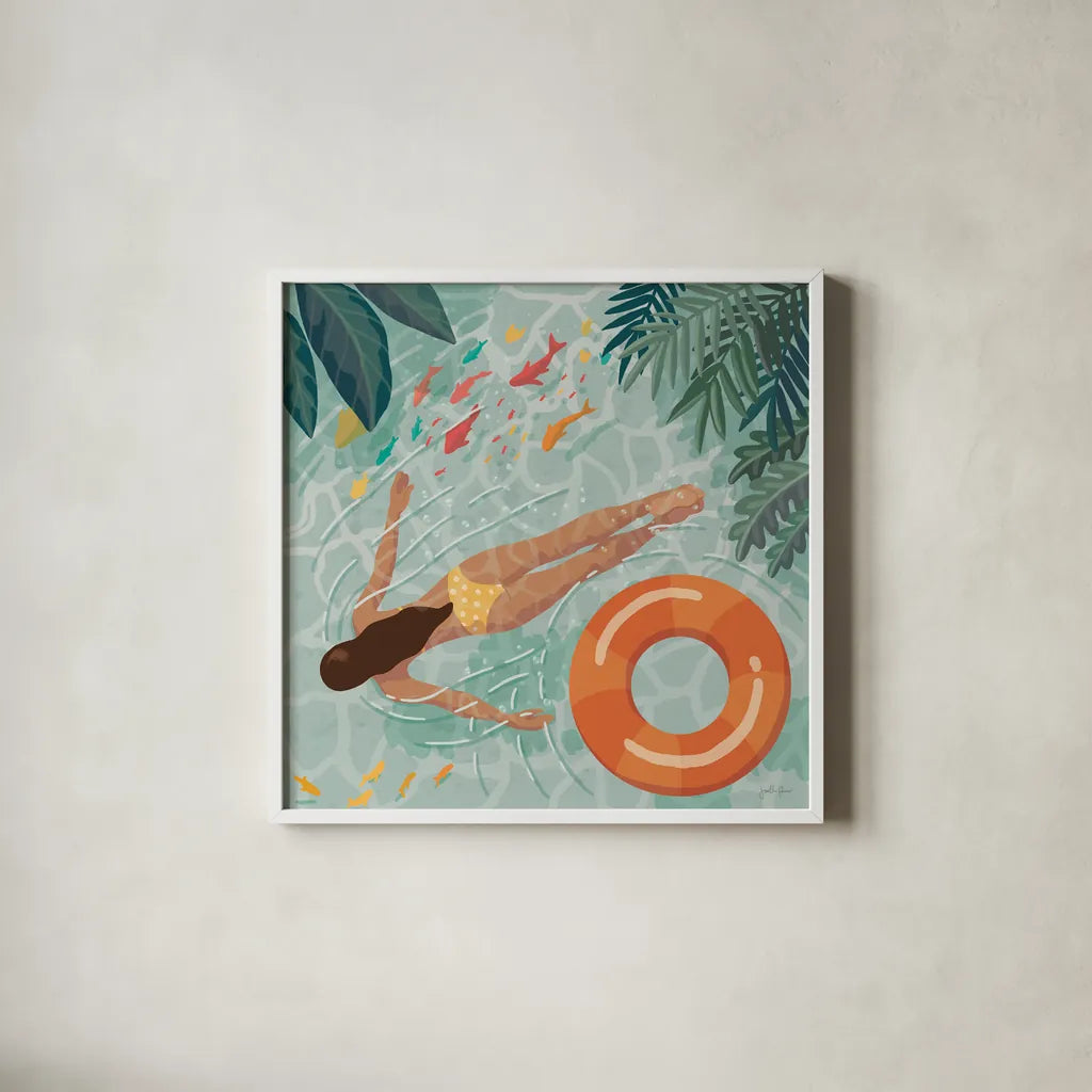 Beach Babes IV by Janelle Penner. Shown in a crisp white glass frame for a clean and minimalist style. Available as an archival giclee rolled canvas, fine art paper, or poster print. SKU 67178a.