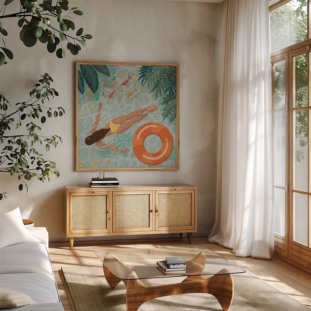 Beach Babes IV by Janelle Penner. Shown in a natural wood frame in a cozy modern living room. Available as an archival giclee rolled canvas, fine art paper, or poster print. SKU 67178a.