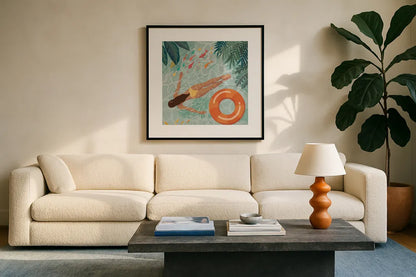 Beach Babes IV by Janelle Penner. Displayed in a glass frame with matte in a clean modern living room. Available as an archival giclee rolled canvas, fine art paper, or poster print. SKU 67178a.