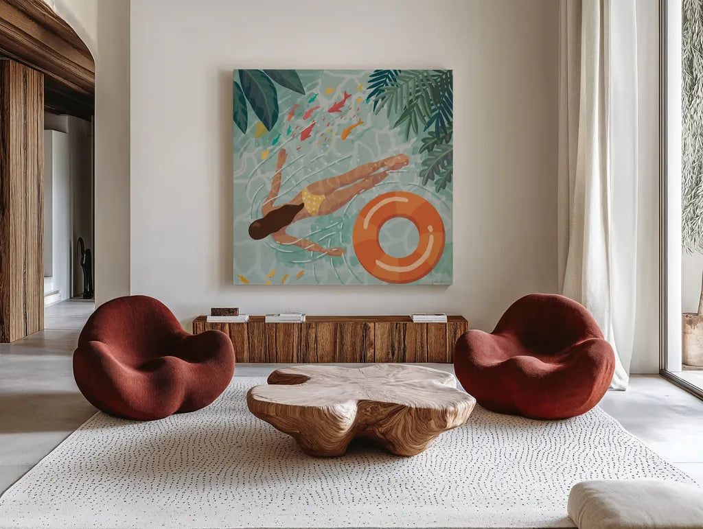 Beach Babes IV by Janelle Penner. Shown as extra-large giant wall art in a modern living room. Available as an archival giclee rolled canvas, fine art paper, or poster print. SKU 67178a.
