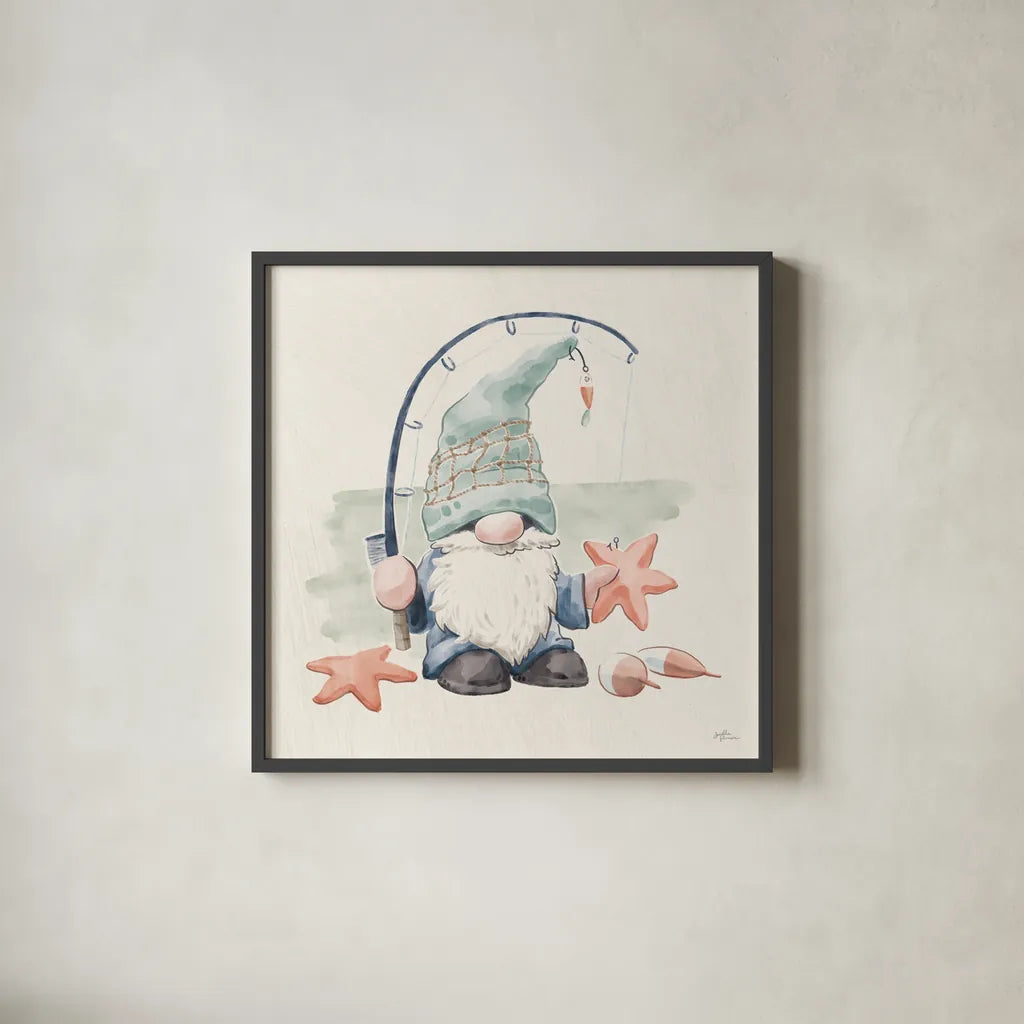 Beach Gnomes I by Janelle Penner. Shown in a sleek black glass frame for a contemporary gallery look. Available as an archival giclee rolled canvas, fine art paper, or poster print. SKU 73702a.