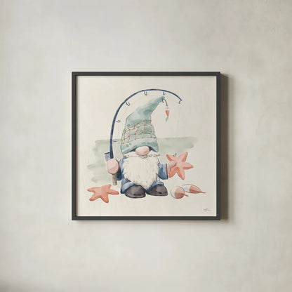 Beach Gnomes I by Janelle Penner. Shown in a sleek black glass frame for a contemporary gallery look. Available as an archival giclee rolled canvas, fine art paper, or poster print. SKU 73702a.