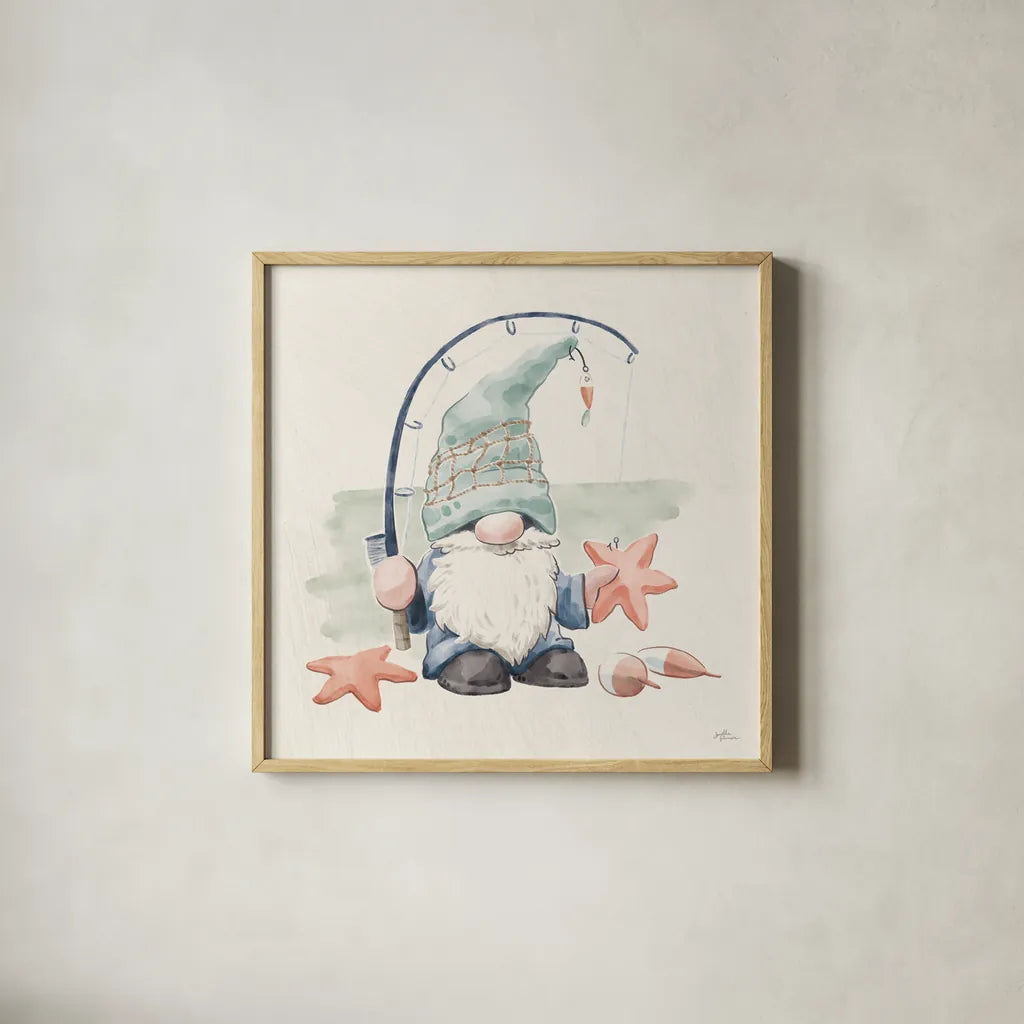 Beach Gnomes I by Janelle Penner. Shown in a natural wood glass frame for a timeless modern aesthetic. Available as an archival giclee rolled canvas, fine art paper, or poster print. SKU 73702a.