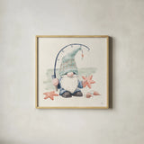 Beach Gnomes I by Janelle Penner. Shown in a natural wood glass frame for a timeless modern aesthetic. Available as an archival giclee rolled canvas, fine art paper, or poster print. SKU 73702a.