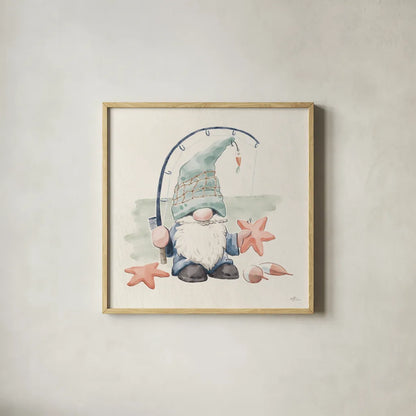 Beach Gnomes I by Janelle Penner. Shown in a natural wood glass frame for a timeless modern aesthetic. Available as an archival giclee rolled canvas, fine art paper, or poster print. SKU 73702a.