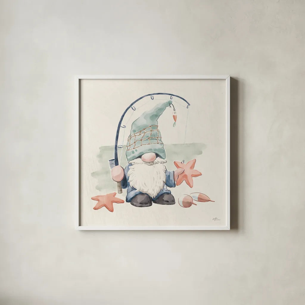 Beach Gnomes I by Janelle Penner. Shown in a crisp white glass frame for a clean and minimalist style. Available as an archival giclee rolled canvas, fine art paper, or poster print. SKU 73702a.