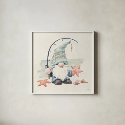 Beach Gnomes I by Janelle Penner. Shown in a crisp white glass frame for a clean and minimalist style. Available as an archival giclee rolled canvas, fine art paper, or poster print. SKU 73702a.