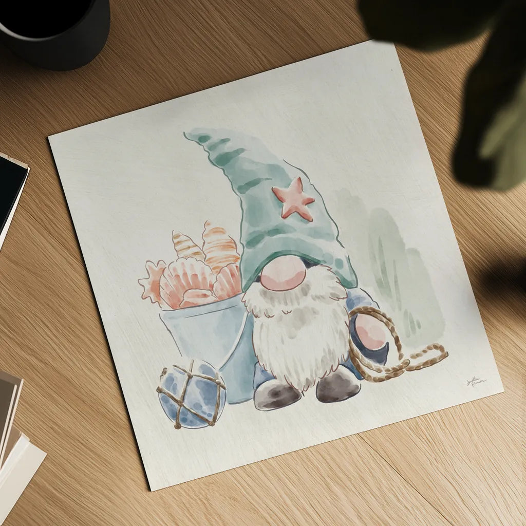 Beach Gnomes II by Janelle Penner. Shown as a detailed flat fine art print, highlighting archival giclee quality. Available as an archival giclee rolled canvas, fine art paper, or poster print. SKU 73703a.