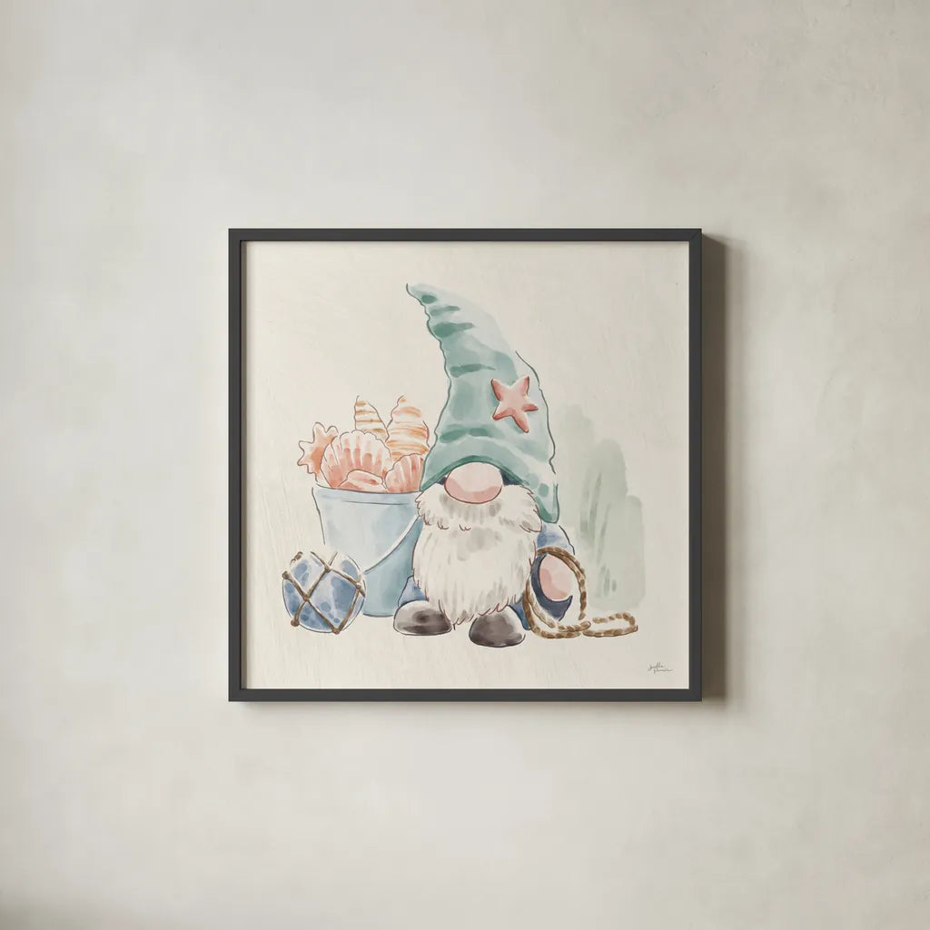 Beach Gnomes II by Janelle Penner. Shown in a sleek black glass frame for a contemporary gallery look. Available as an archival giclee rolled canvas, fine art paper, or poster print. SKU 73703a.