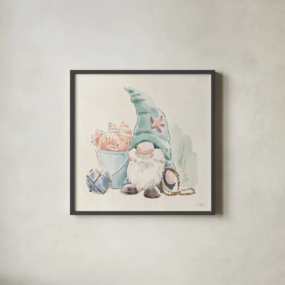 Beach Gnomes II by Janelle Penner. Shown in a sleek black glass frame for a contemporary gallery look. Available as an archival giclee rolled canvas, fine art paper, or poster print. SKU 73703a.