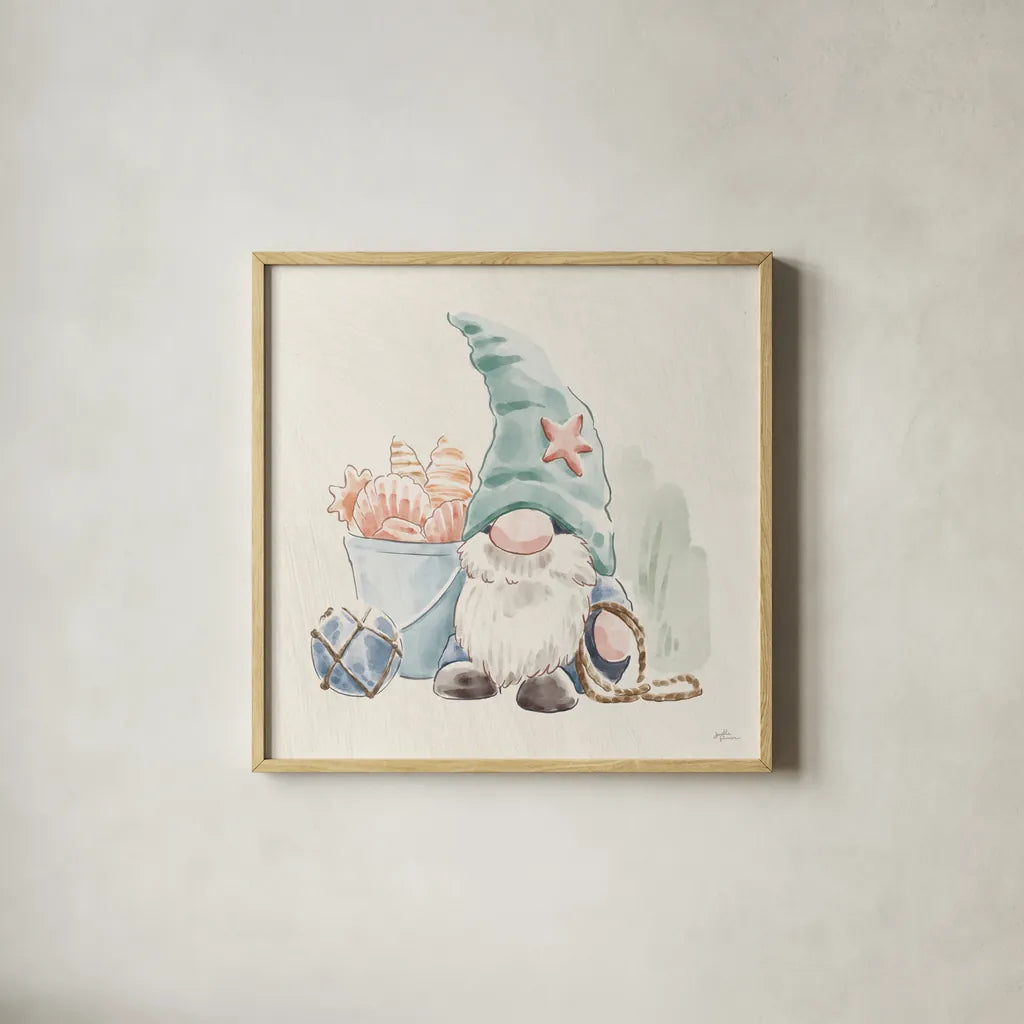 Beach Gnomes II by Janelle Penner. Shown in a natural wood glass frame for a timeless modern aesthetic. Available as an archival giclee rolled canvas, fine art paper, or poster print. SKU 73703a.