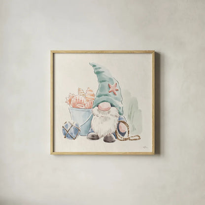 Beach Gnomes II by Janelle Penner. Shown in a natural wood glass frame for a timeless modern aesthetic. Available as an archival giclee rolled canvas, fine art paper, or poster print. SKU 73703a.
