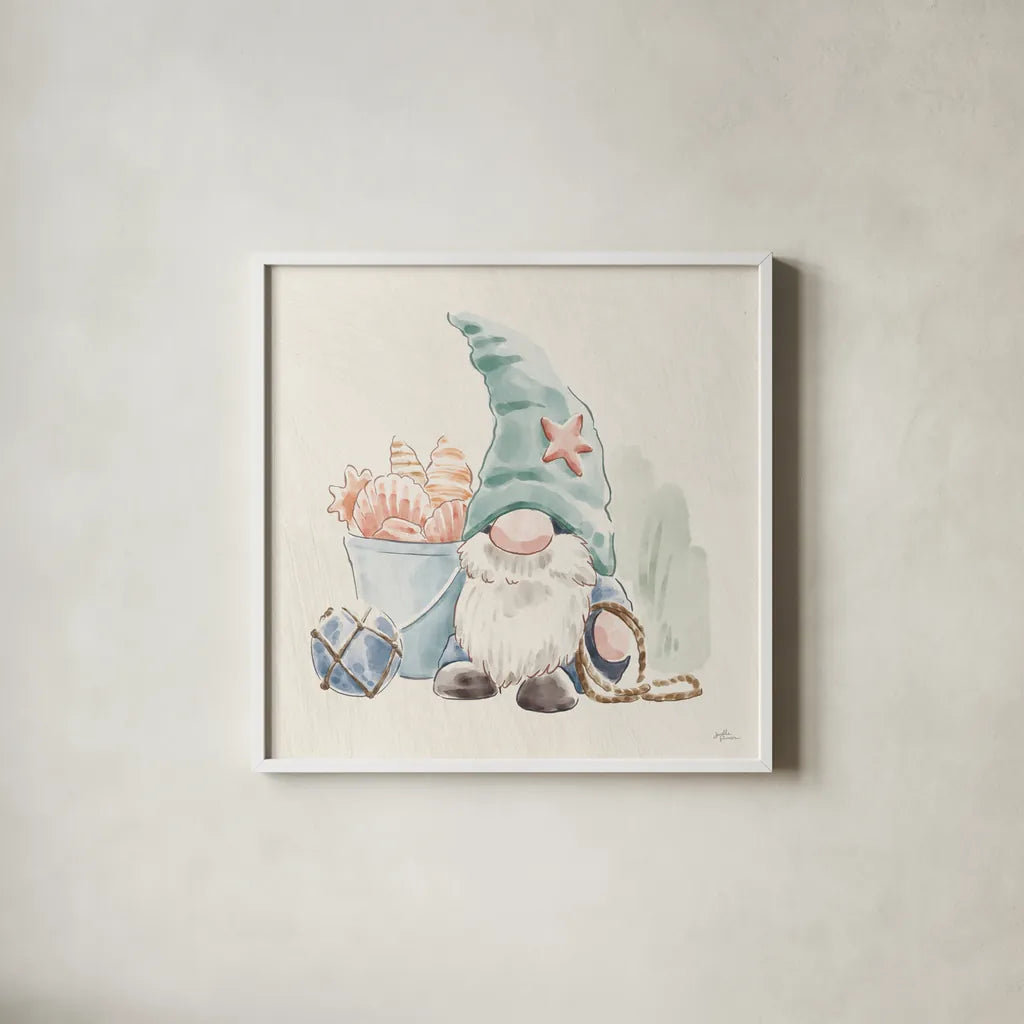 Beach Gnomes II by Janelle Penner. Shown in a crisp white glass frame for a clean and minimalist style. Available as an archival giclee rolled canvas, fine art paper, or poster print. SKU 73703a.