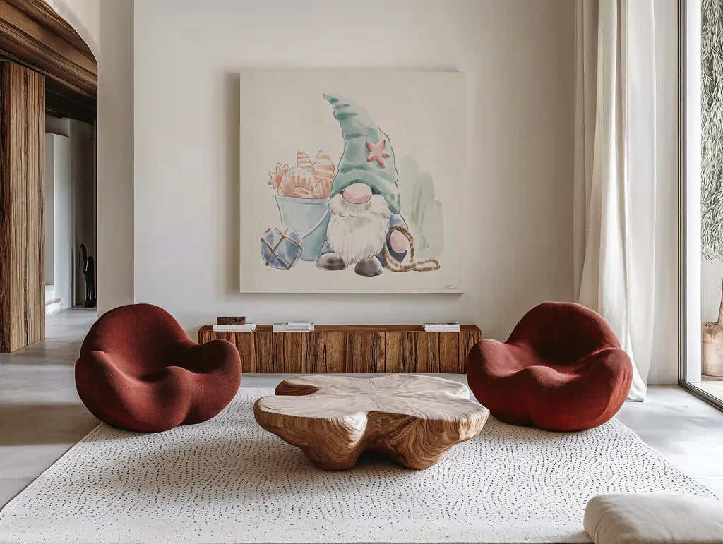 Beach Gnomes II by Janelle Penner. Shown as extra-large giant wall art in a modern living room. Available as an archival giclee rolled canvas, fine art paper, or poster print. SKU 73703a.