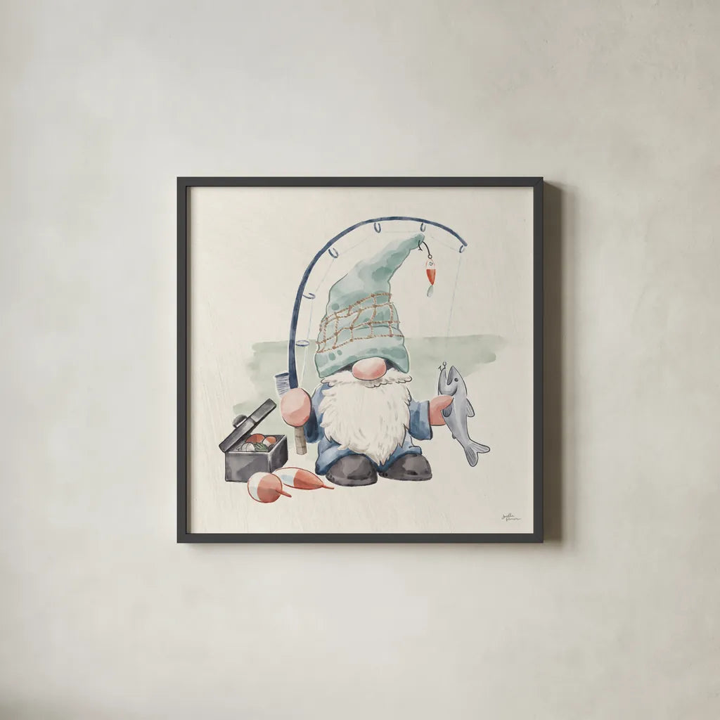 Beach Gnomes III by Janelle Penner. Shown in a sleek black glass frame for a contemporary gallery look. Available as an archival giclee rolled canvas, fine art paper, or poster print. SKU 75096a.