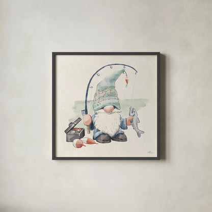Beach Gnomes III by Janelle Penner. Shown in a sleek black glass frame for a contemporary gallery look. Available as an archival giclee rolled canvas, fine art paper, or poster print. SKU 75096a.