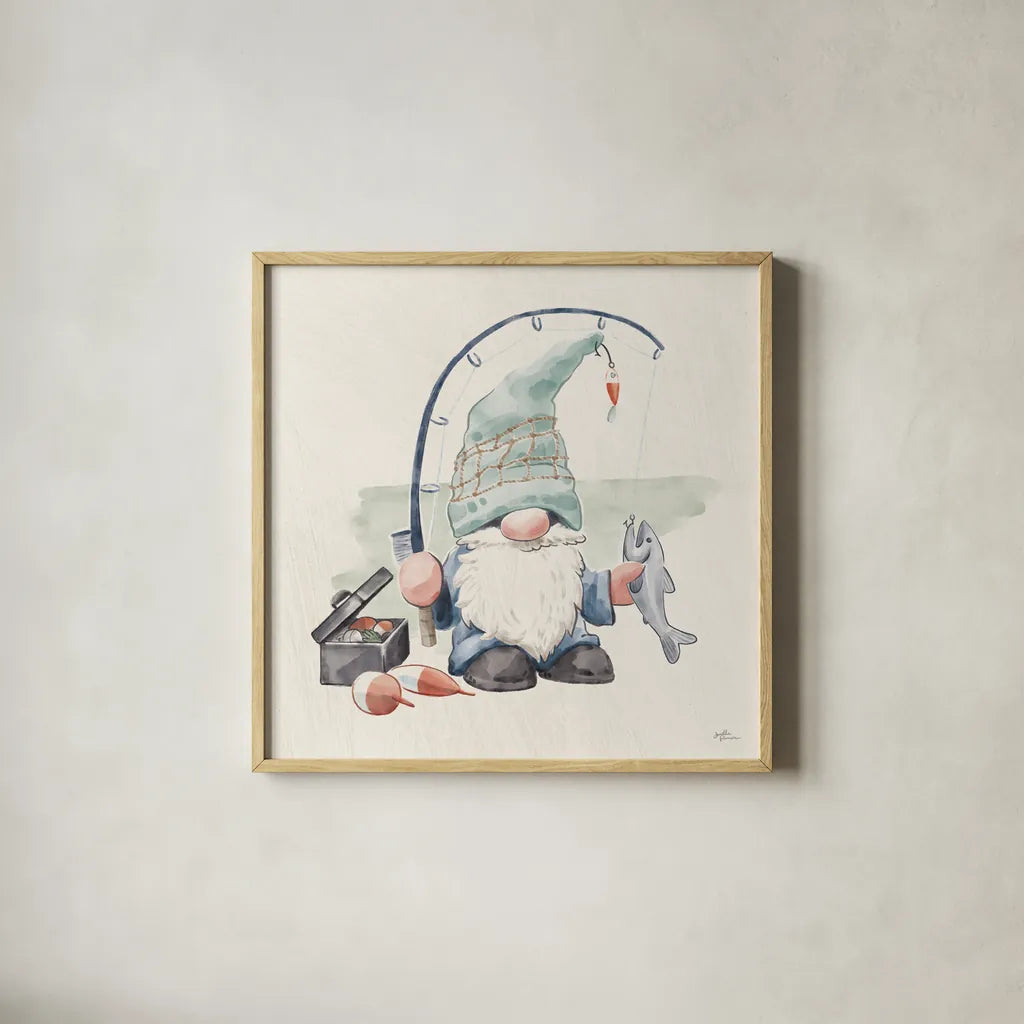 Beach Gnomes III by Janelle Penner. Shown in a natural wood glass frame for a timeless modern aesthetic. Available as an archival giclee rolled canvas, fine art paper, or poster print. SKU 75096a.