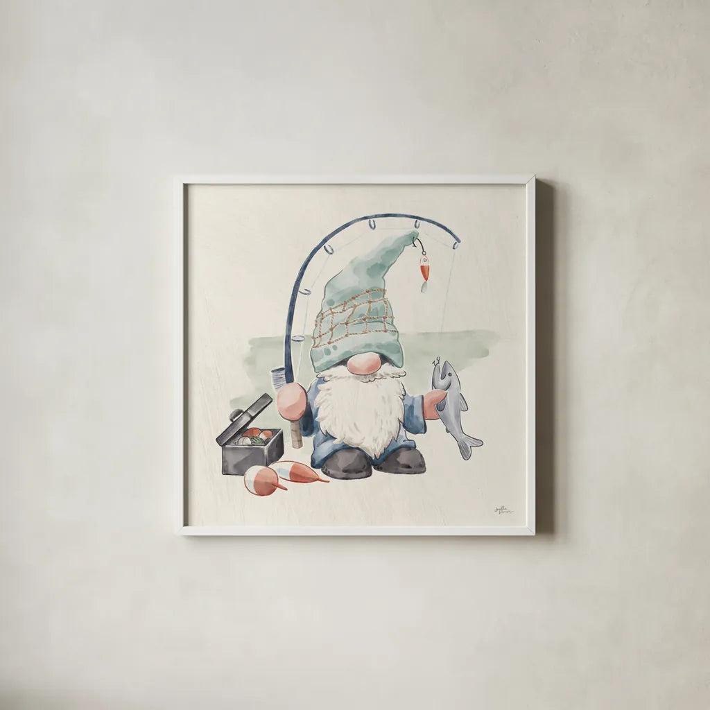Beach Gnomes III by Janelle Penner. Shown in a crisp white glass frame for a clean and minimalist style. Available as an archival giclee rolled canvas, fine art paper, or poster print. SKU 75096a.