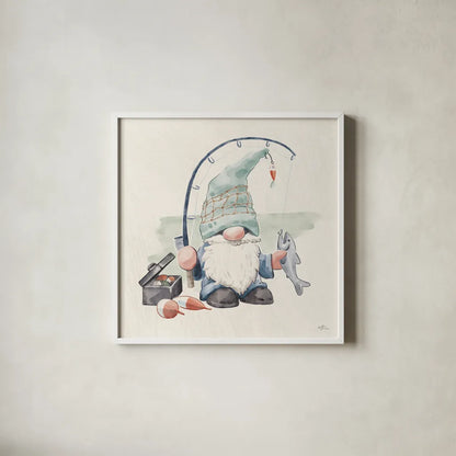 Beach Gnomes III by Janelle Penner. Shown in a crisp white glass frame for a clean and minimalist style. Available as an archival giclee rolled canvas, fine art paper, or poster print. SKU 75096a.