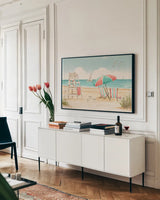 Beach Time I by Janelle Penner. shown as a framed stretched canvas in a living room above a console. Available as a archival giclee rolled canvas, fine art paper, or poster print. SKU 44257i.