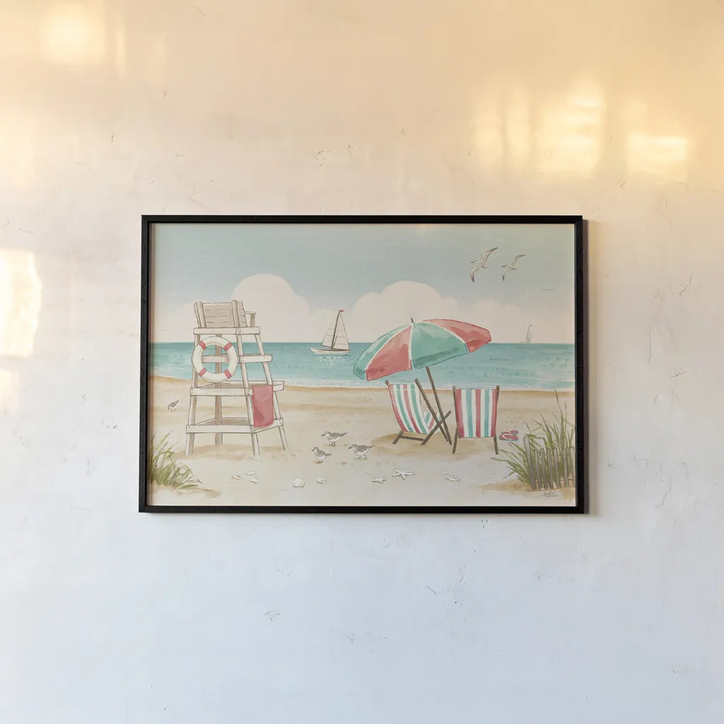 Beach Time I by Janelle Penner. shown as a paper print in a black flame. Available as a archival giclee rolled canvas, fine art paper, or poster print. SKU 44257i.