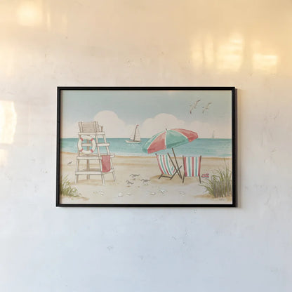 Beach Time I by Janelle Penner. shown as a paper print in a black flame. Available as a archival giclee rolled canvas, fine art paper, or poster print. SKU 44257i.