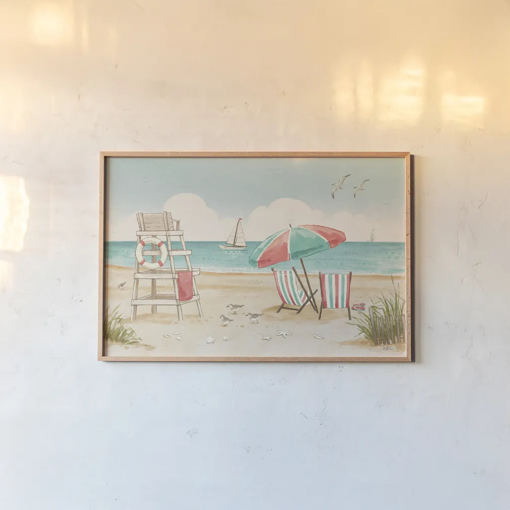 Beach Time I by Janelle Penner. shown as a paper print in a natural frame. Available as a archival giclee rolled canvas, fine art paper, or poster print. SKU 44257i.
