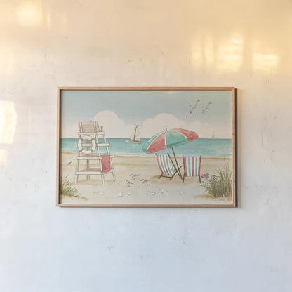 Beach Time I by Janelle Penner. shown as a paper print in a natural frame. Available as a archival giclee rolled canvas, fine art paper, or poster print. SKU 44257i.