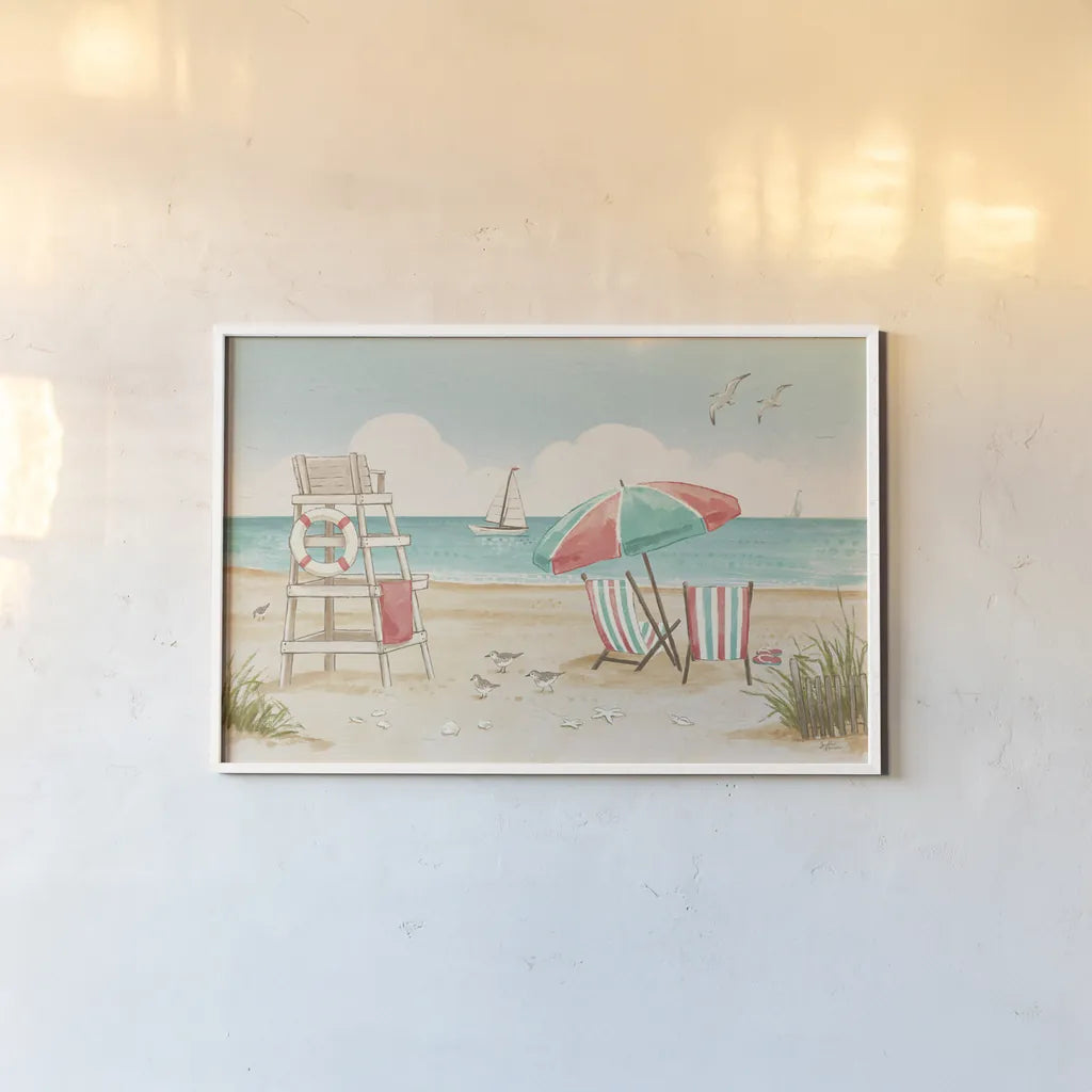 Beach Time I by Janelle Penner. shown as a paper print in a white frame. Available as a archival giclee rolled canvas, fine art paper, or poster print. SKU 44257i.