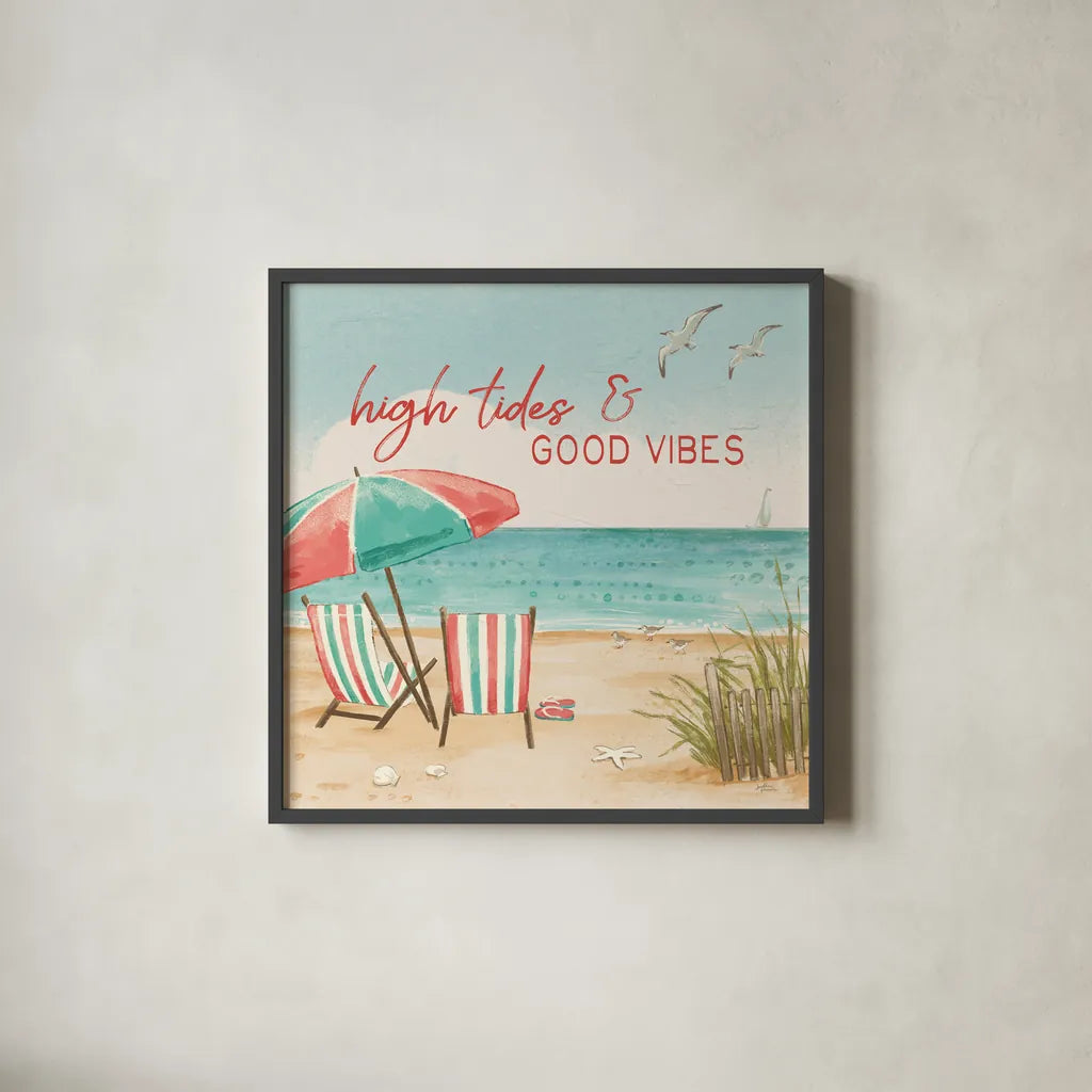 Beach Time II by Janelle Penner. Shown in a sleek black glass frame for a contemporary gallery look. Available as an archival giclee rolled canvas, fine art paper, or poster print. SKU 44258a.