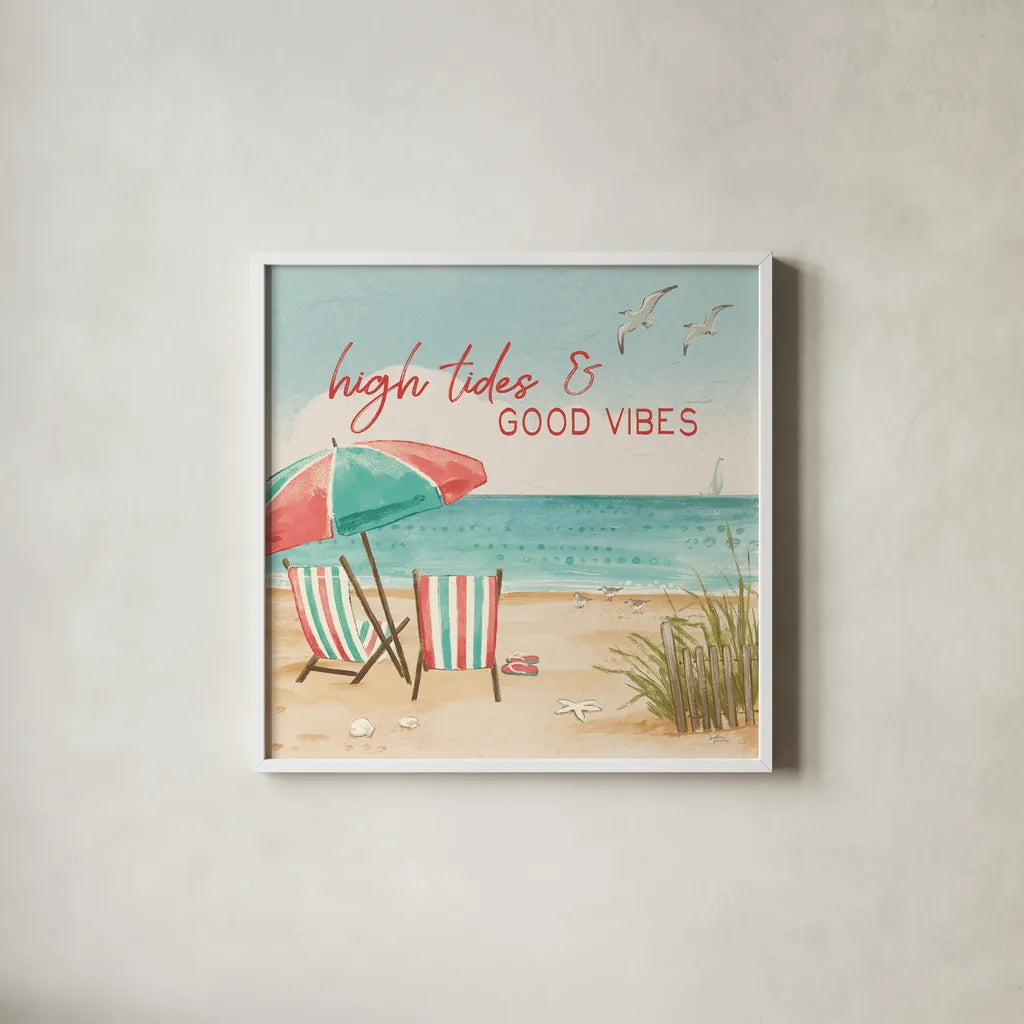 Beach Time II by Janelle Penner. Shown in a crisp white glass frame for a clean and minimalist style. Available as an archival giclee rolled canvas, fine art paper, or poster print. SKU 44258a.