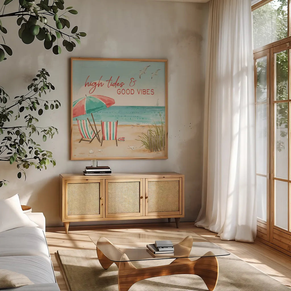 Beach Time II by Janelle Penner. Shown in a natural wood frame in a cozy modern living room. Available as an archival giclee rolled canvas, fine art paper, or poster print. SKU 44258a.